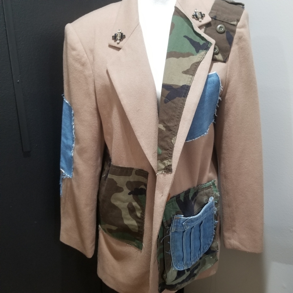 Tan and Camouflage Women's Custom Blazer Jacket
